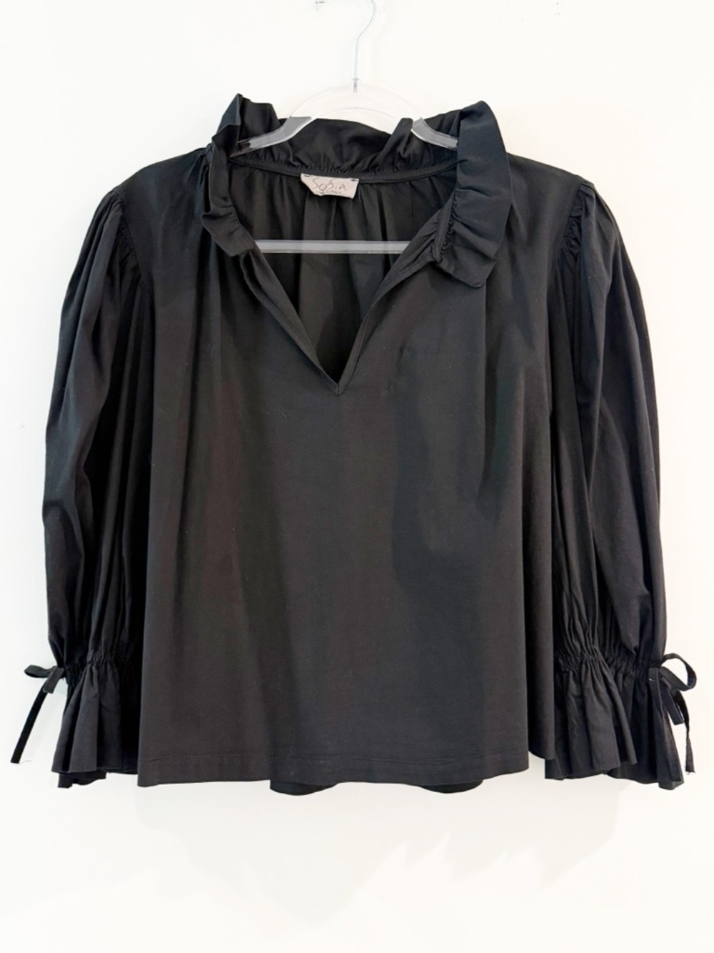 Sofia Luisa Ruffle-Collar Puff-Sleeve Black Blouse